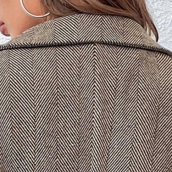 Classic Brown Herringbone Ruffle Hem Open Front Jacket Coat - Picture 3 of 9